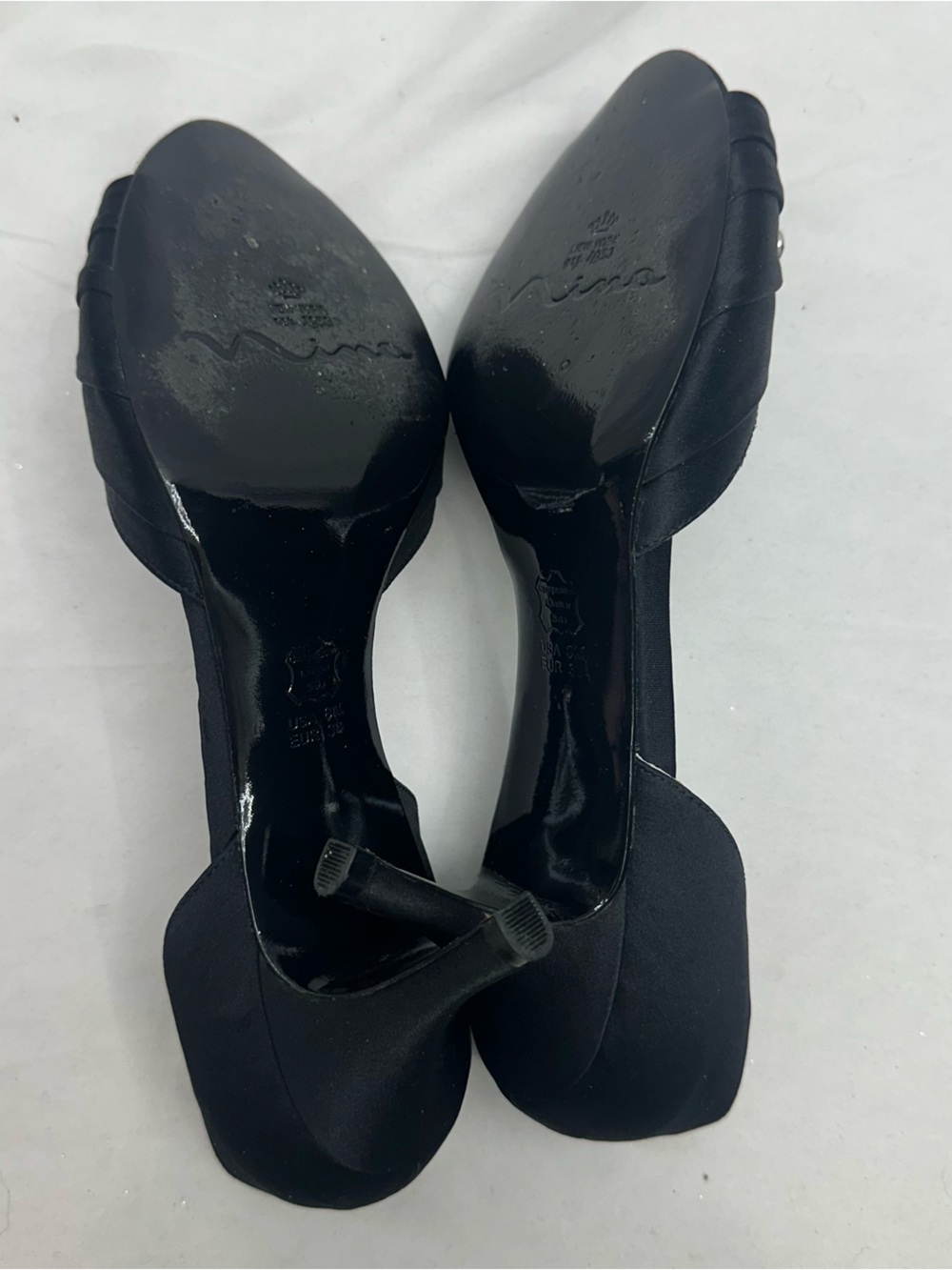Nina Black Satin Like Open Toe Heels with Crystal Buckle 8 - Picture 6 of 6